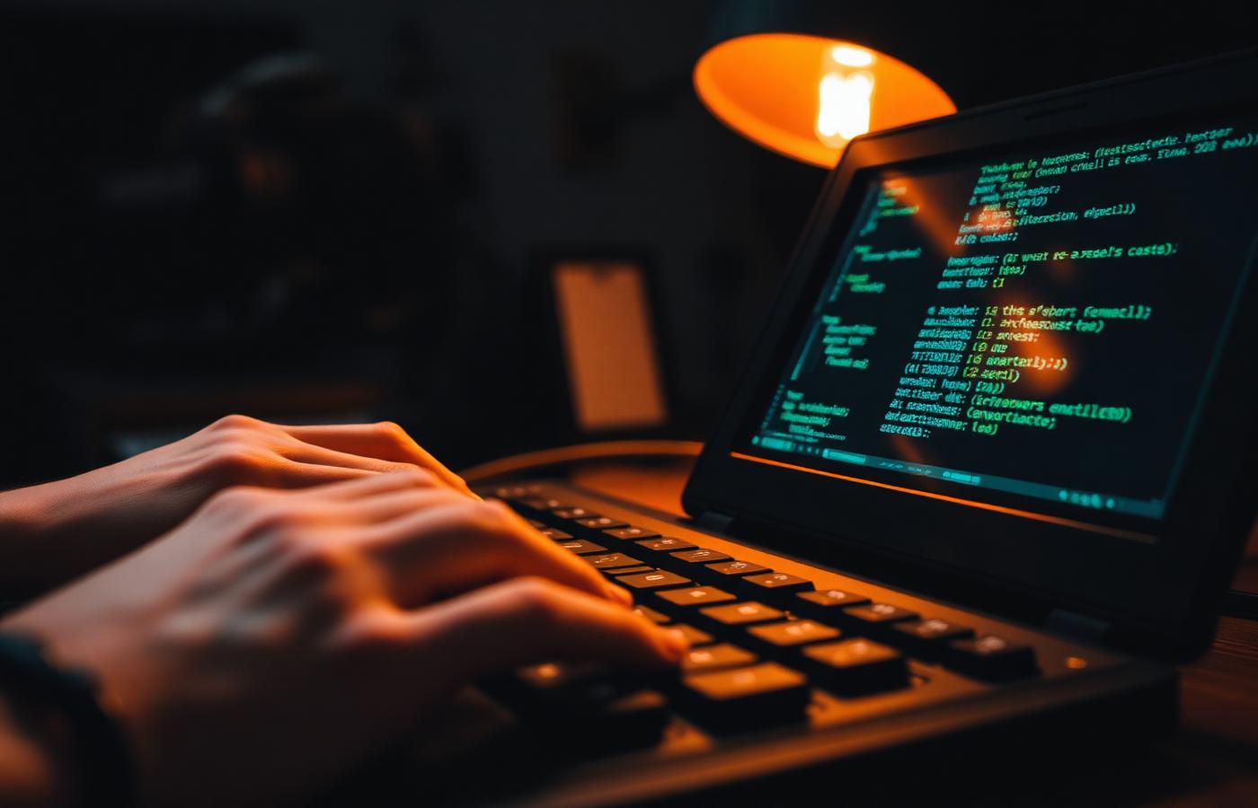 Developer's hands on a mechanical keyboard illuminated by a warm desk lamp with code visible on the laptop screen