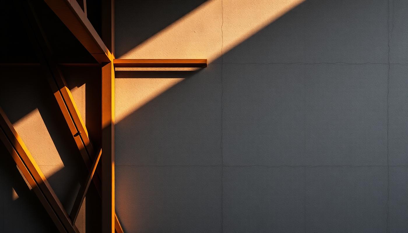 Warm amber light striking industrial steel beams against a concrete wall
