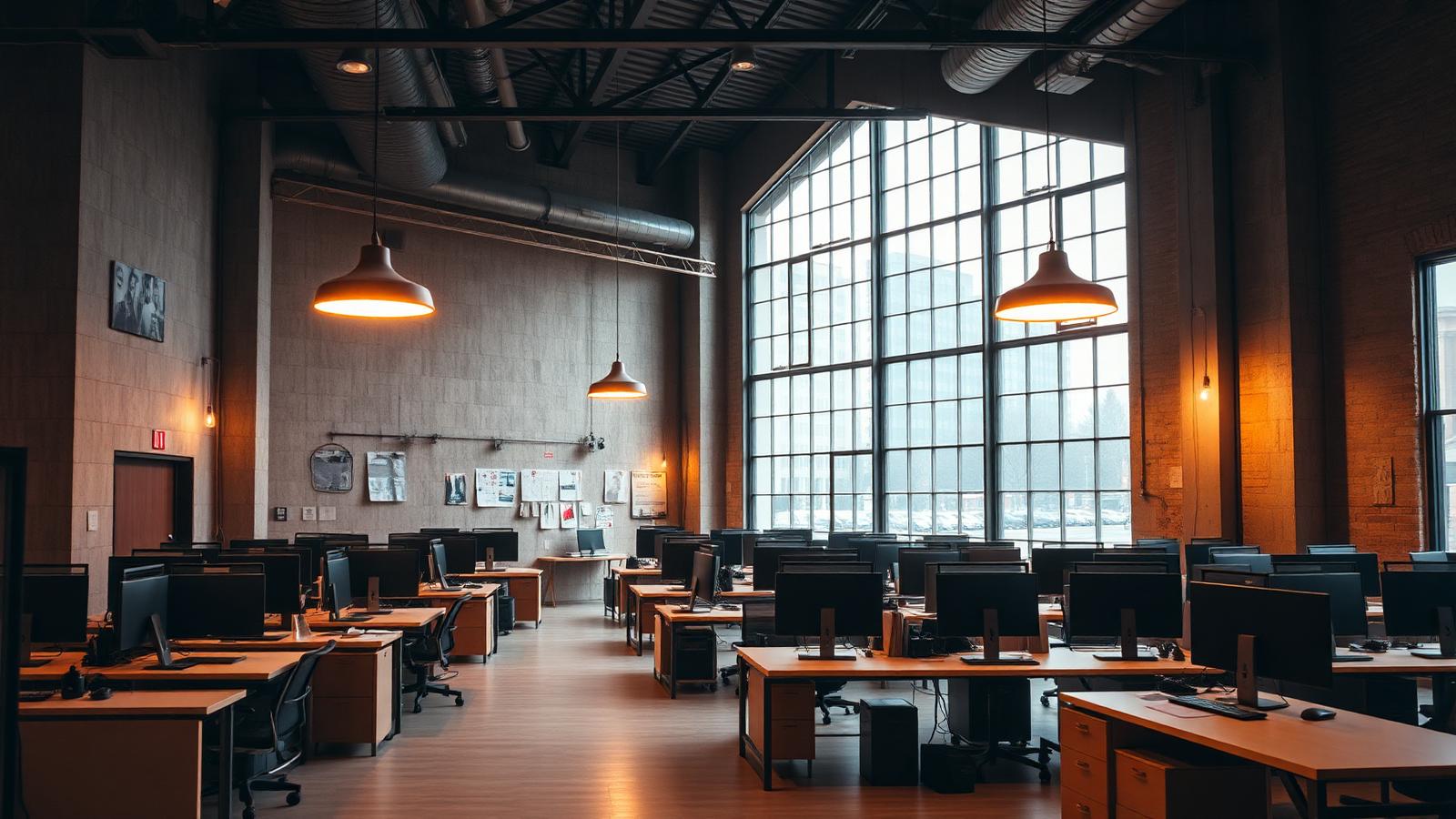 Interior of a spacious industrial office with tall windows and warm lighting