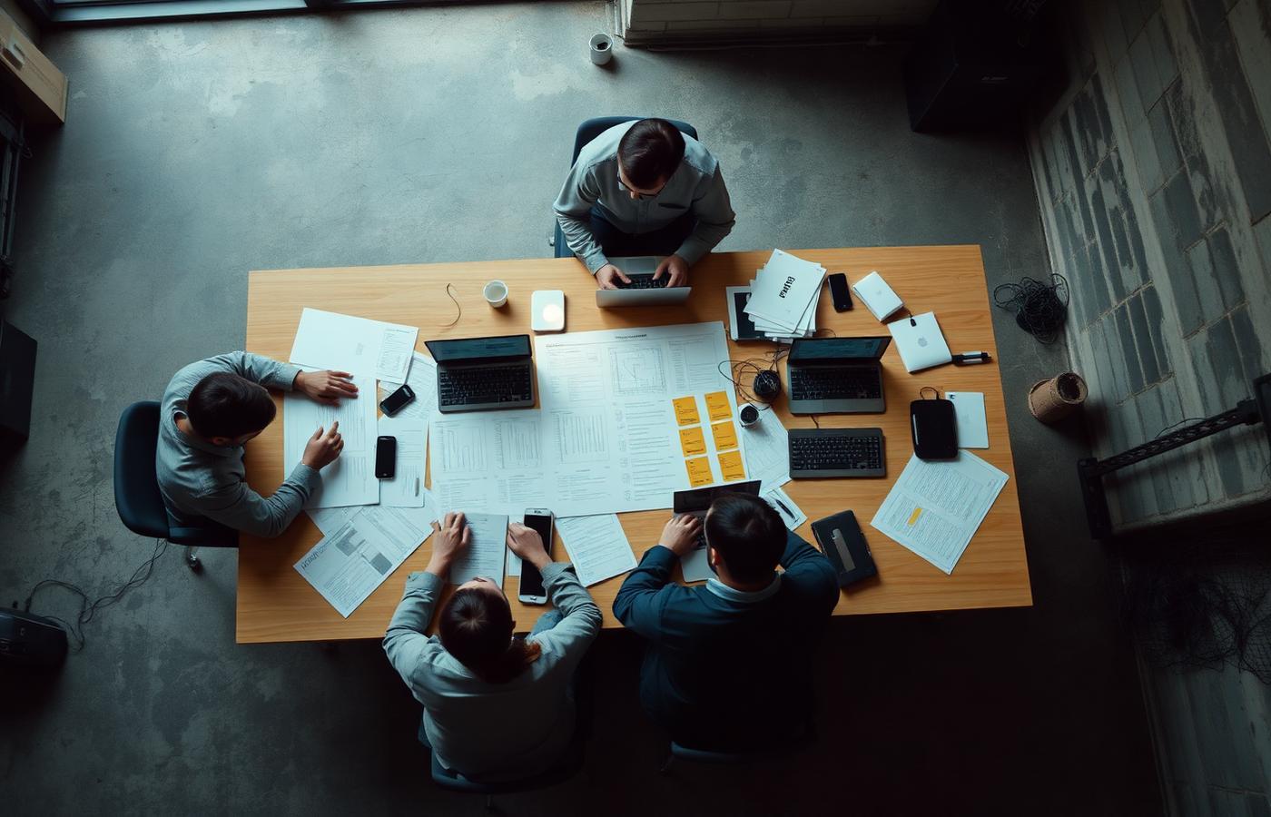 Overhead view of a small technical team collaborating around a table covered in architecture diagrams